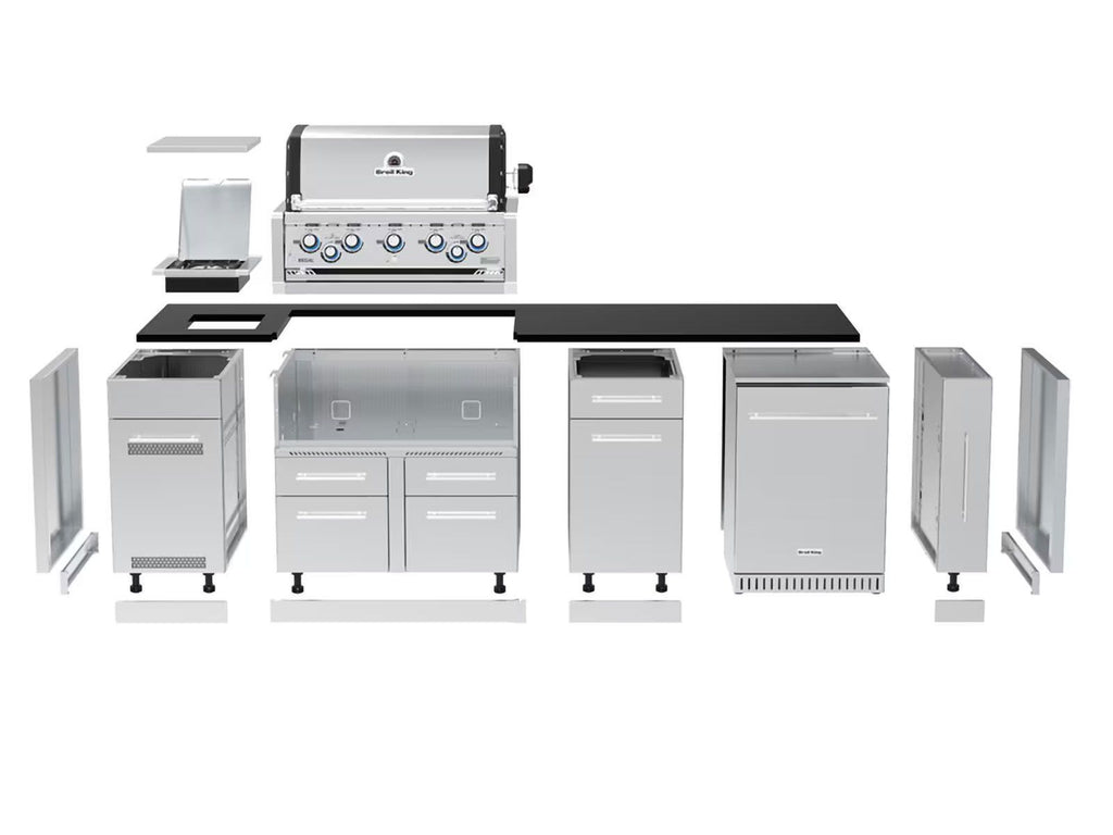 Broil King 9-Foot Outdoor Kitchen Island with Imperial S 590i 5-Burner Gas Grill, Rotisserie, Side Burner & Refrigerator