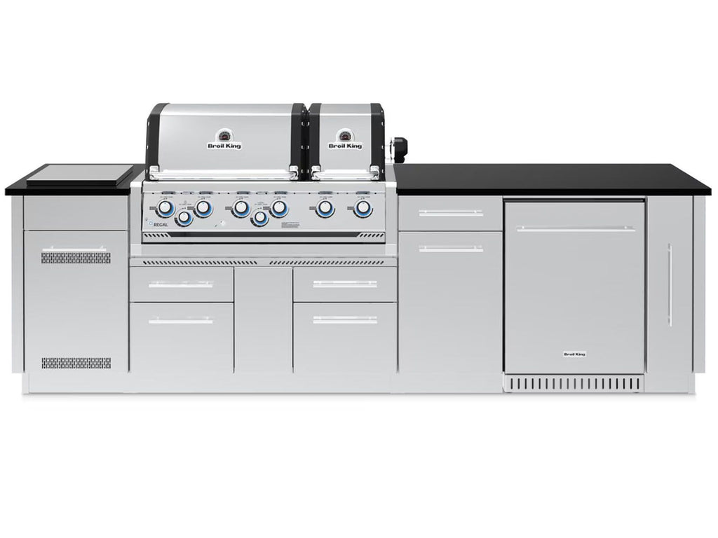 Broil King 9 3/4-Foot Outdoor Kitchen Island with Imperial S 690i 6-Burner Gas Grill, Rotisserie, Side Burner & Refrigerator