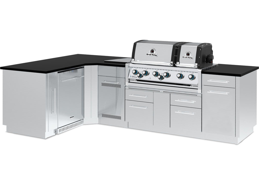 Broil King 70 x 118-Inch Outdoor Kitchen Island with Imperial S 690i 6-Burner Gas Grill, Rotisserie, Side Burner & Refrigerator