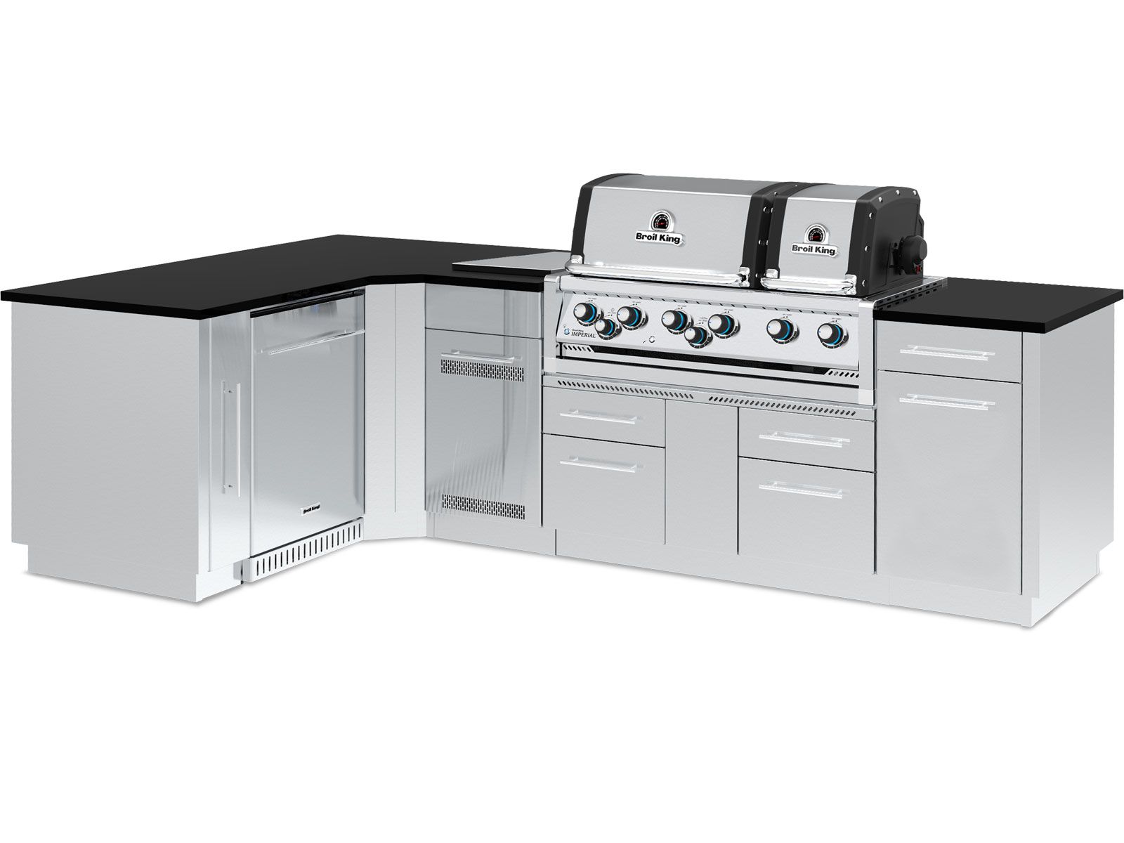 Broil King 70 x 118-Inch Outdoor Kitchen Island with Imperial S 690i 6-Burner Gas Grill, Rotisserie, Side Burner & Refrigerator