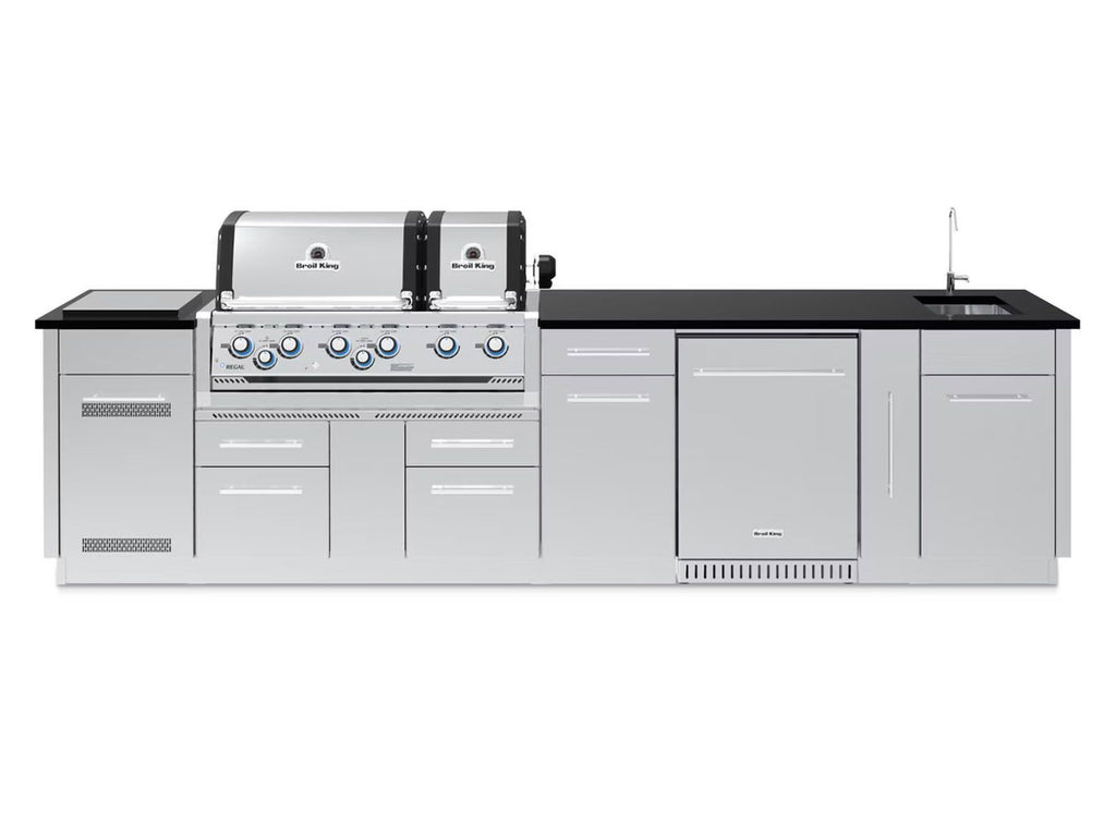 Broil King 11-Foot Outdoor Kitchen Island with Imperial S 690i 6-Burner Gas Grill, Rotisserie, Side Burner & Refrigerator (Right Orientation)