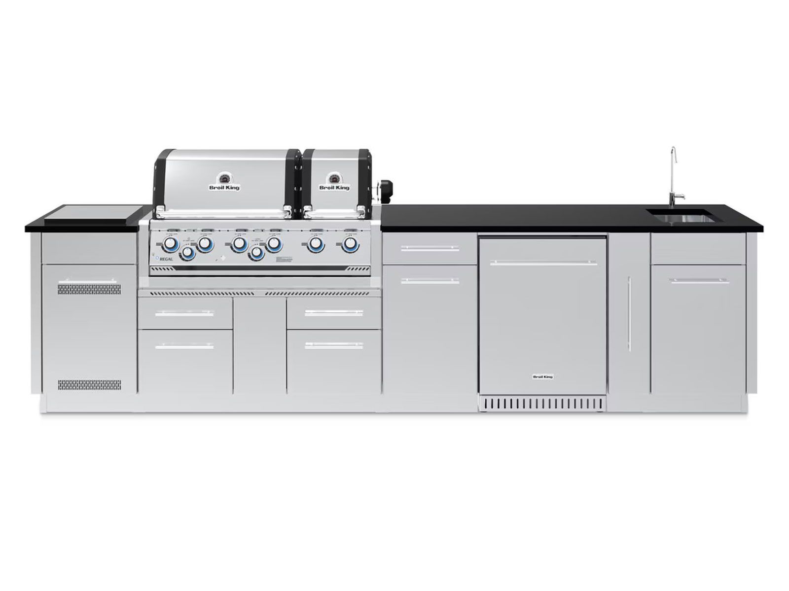 Broil King 11-Foot Outdoor Kitchen Island with Imperial S 690i 6-Burner Gas Grill, Rotisserie, Side Burner & Refrigerator (Right Orientation)