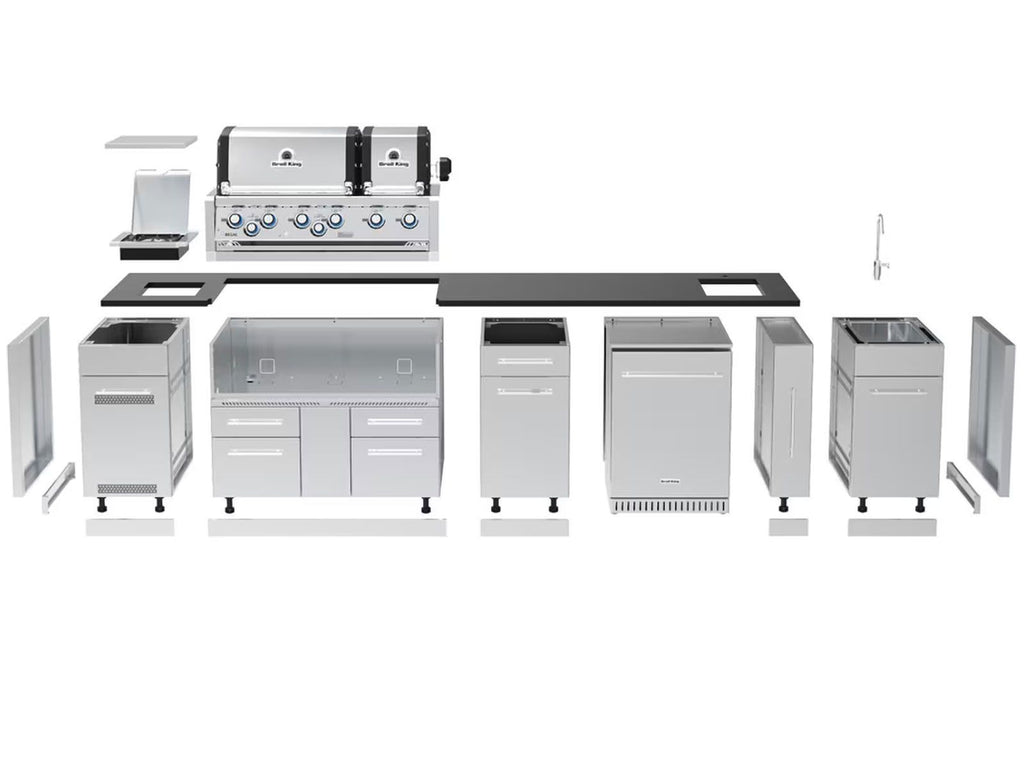 Broil King 11-Foot Outdoor Kitchen Island with Imperial S 690i 6-Burner Gas Grill, Rotisserie, Side Burner & Refrigerator (Right Orientation)