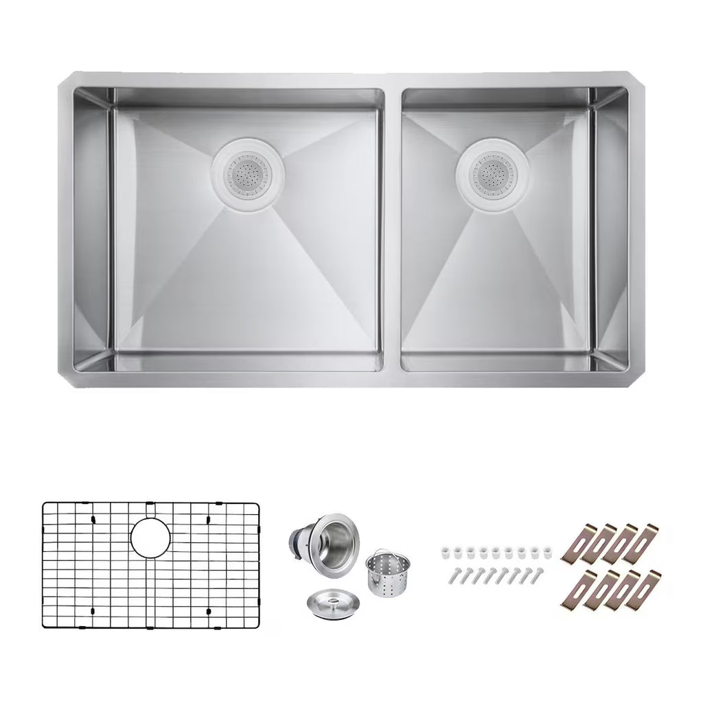 Undermount Stainless Steel 36-Inch 60/40 Double Bowl Sink W/Grids and Strainers