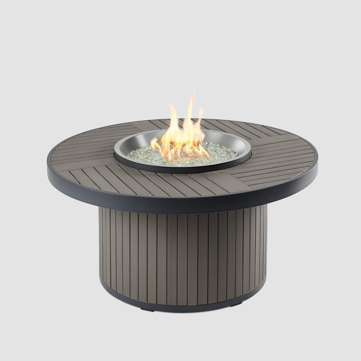 Brooks Round Chat Height Gas Fire Pit Table in Taupe with lit flame