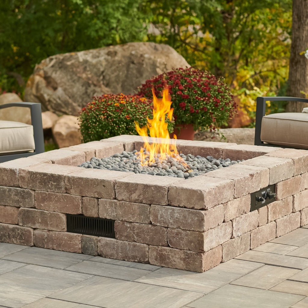 Close-up of the flame on the Bronson Block Square Gas Fire Pit Kit
