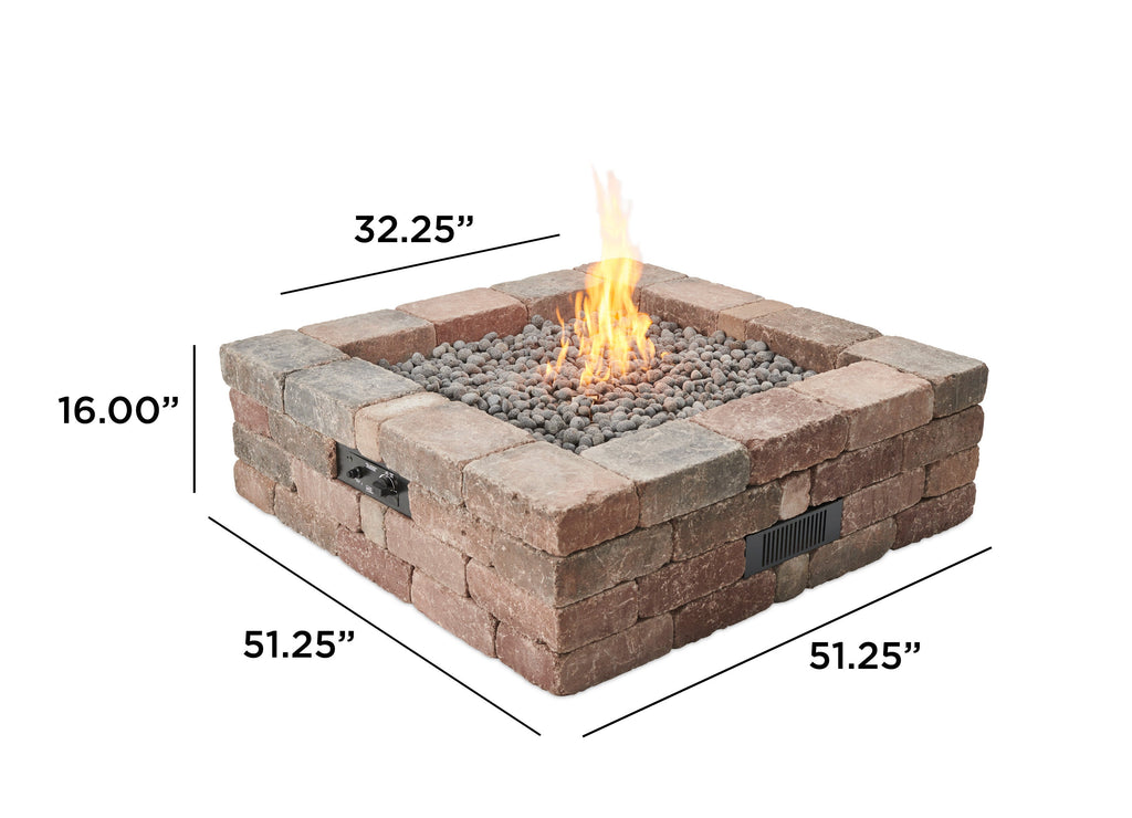 Dimensions overlaid on the Bronson Block Square Gas Fire Pit Kit