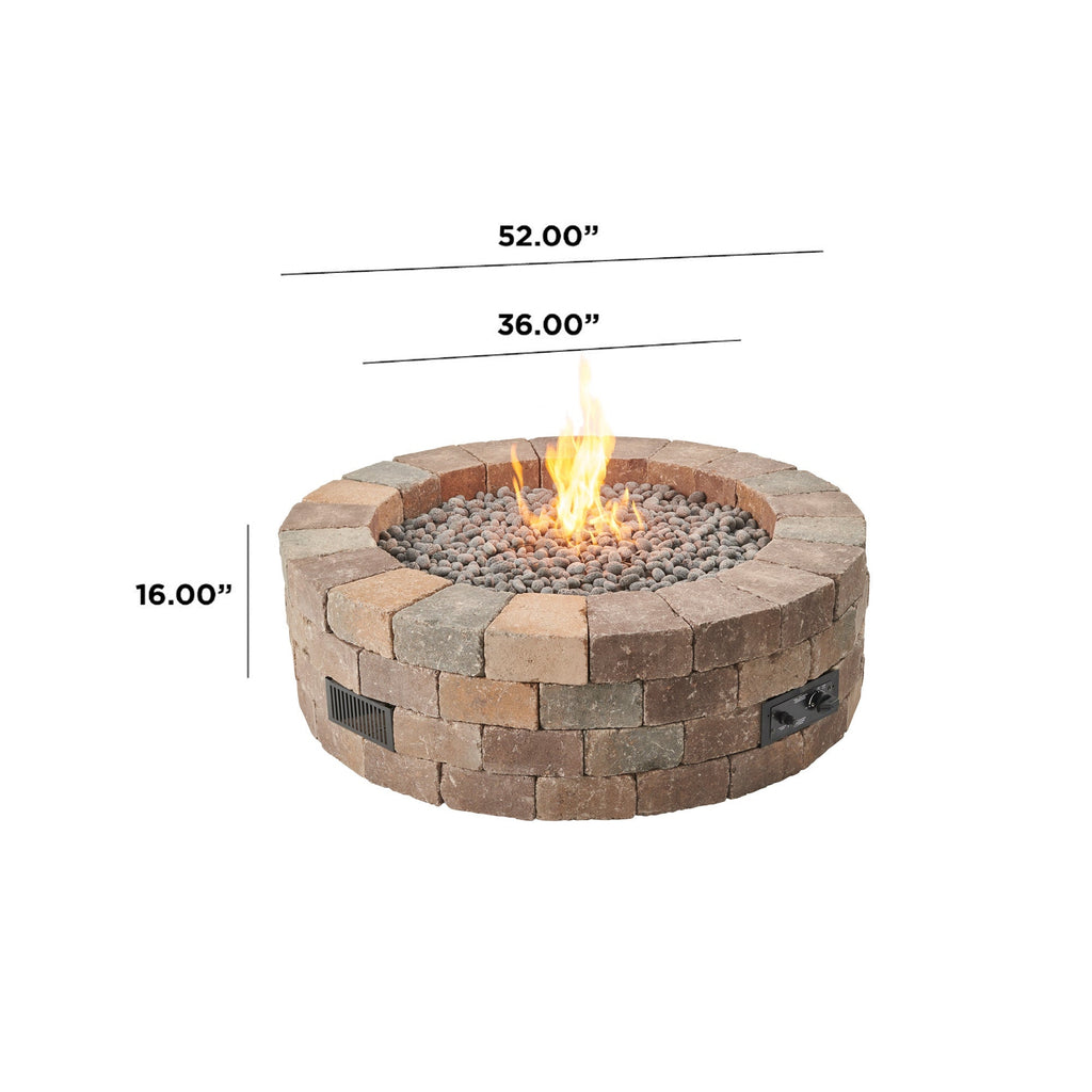 Dimensions overlaid on the Bronson Block Round Gas Fire Pit Kit