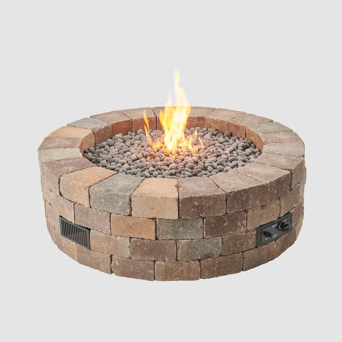 Bronson Block Round Gas Fire Pit Kit, lit, on a grey background