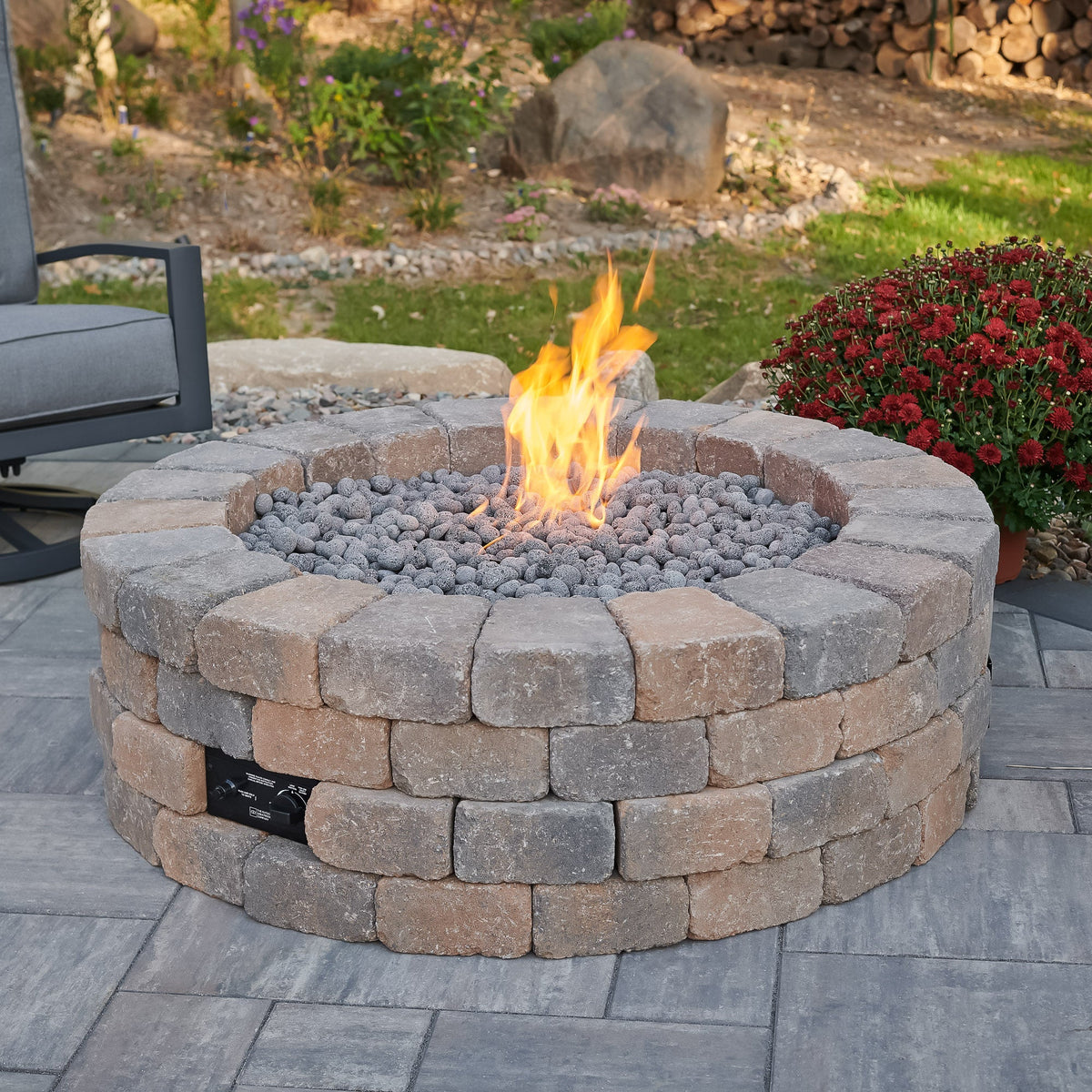 Close-up of the flame on the Bronson Block Round Gas Fire Pit Kit