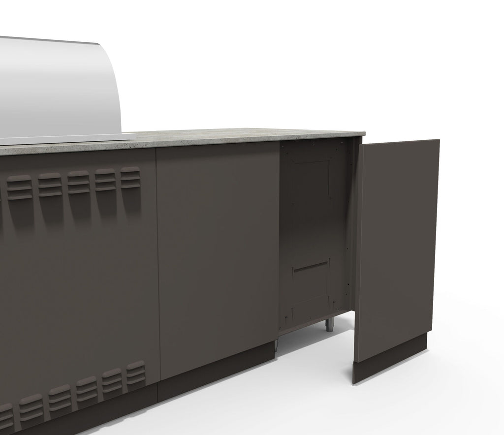 Gray outdoor grill with storage cabinets on a white background