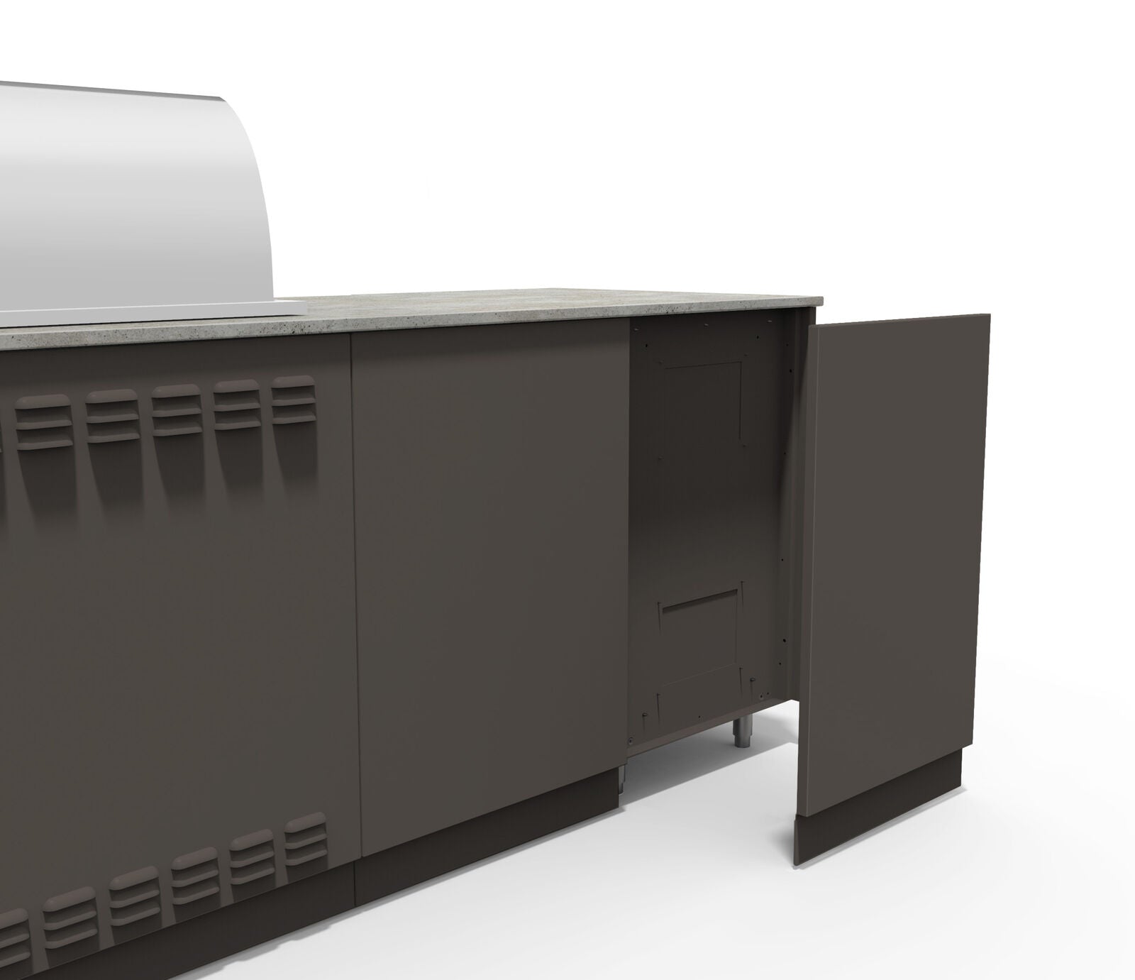 Gray outdoor grill with storage cabinets on a white background