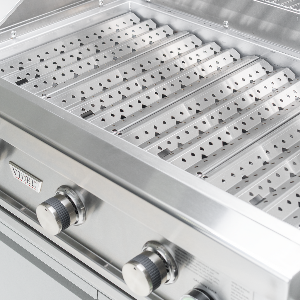 Videl 9 1/3-Ft Maestro L-Shaped Outdoor Kitchen Island with Gran Fuego 42-Inch 5-Burner Gas Grill, Double Side Burner, 4.5 Cu. Ft. Refrigerator, Sink and LED & Outdoor Audio System