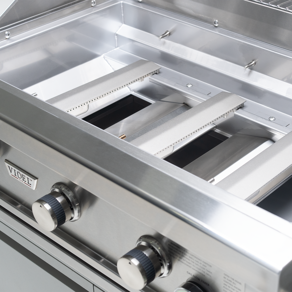 Videl 9 1/3-Ft Maestro L-Shaped Outdoor Kitchen Island with Gran Fuego 42-Inch 5-Burner Gas Grill, Double Side Burner, 4.5 Cu. Ft. Refrigerator, Sink and LED & Outdoor Audio System