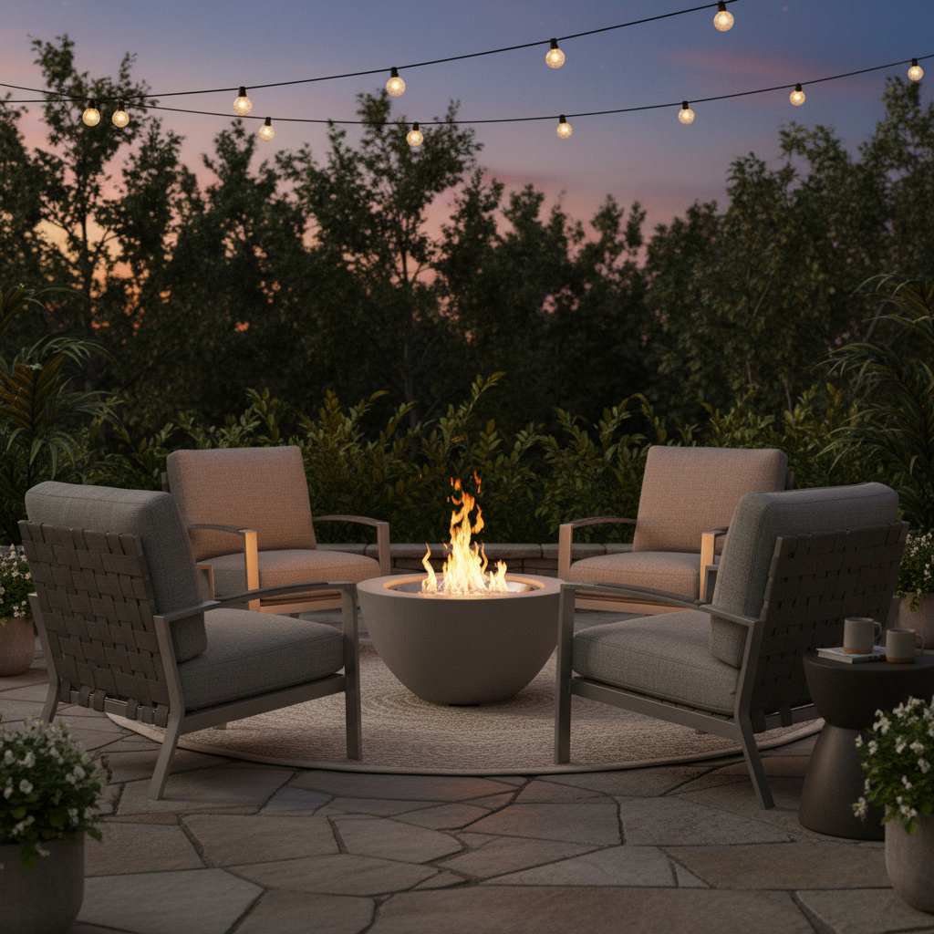 29-inch Cove Concrete round gas fire pit bowl on a patio, lifestyle photo
