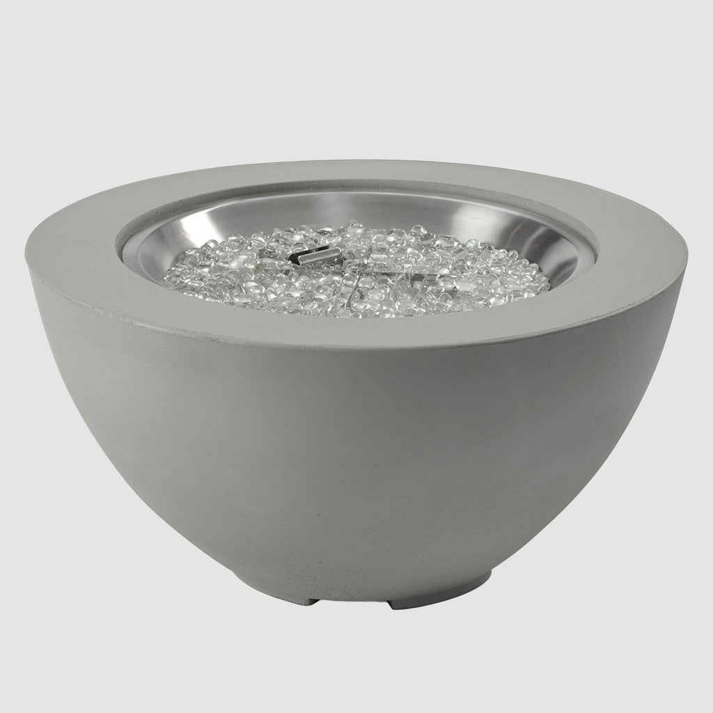 29-inch Cove Concrete round gas fire pit bowl in Natural Grey with fire glass gems, unlit