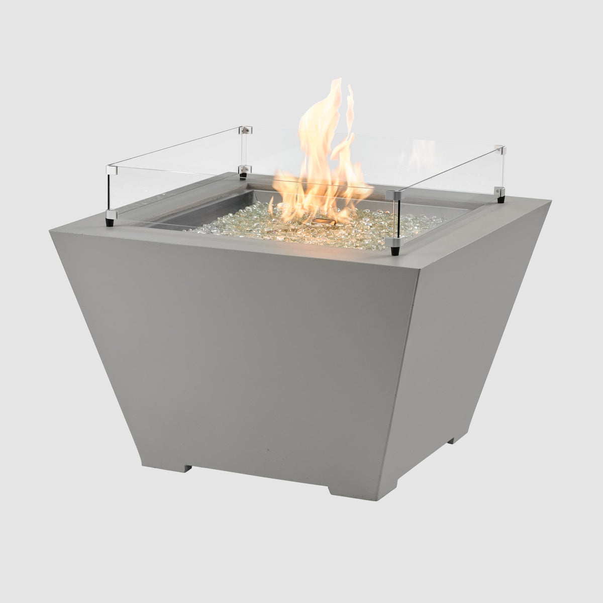 Cove Concrete Trapezoid 37-inch gas fire pit bowl in Natural Grey with optional glass wind guard and flame
