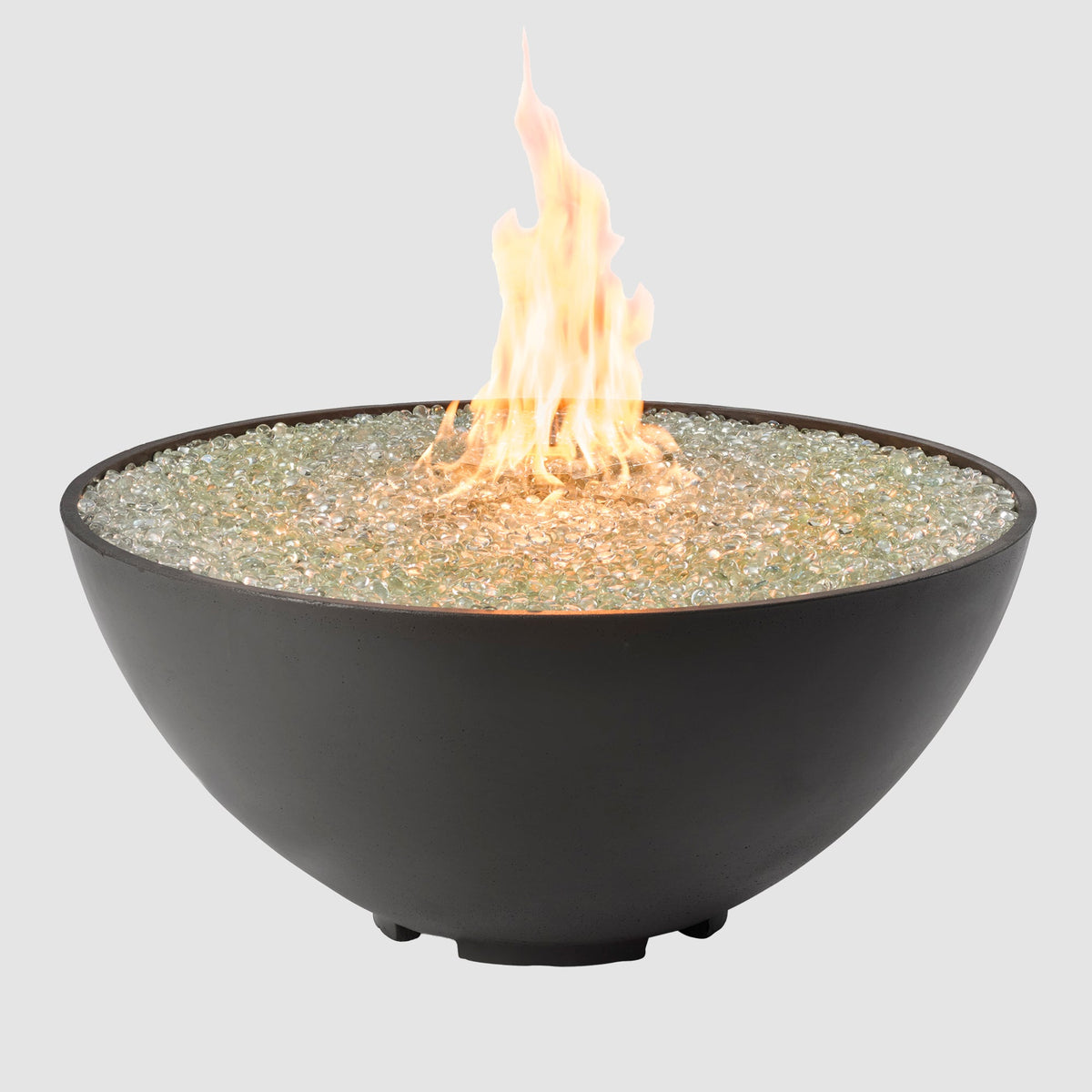 Cove Concrete Edge 42-inch round gas fire pit bowl in Midnight Mist with lit flame on grey background