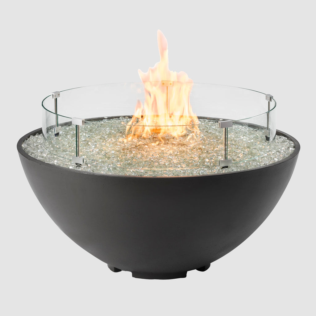 Midnight Mist Cove Concrete Edge 42-inch gas fire pit bowl with optional glass wind guard and flame