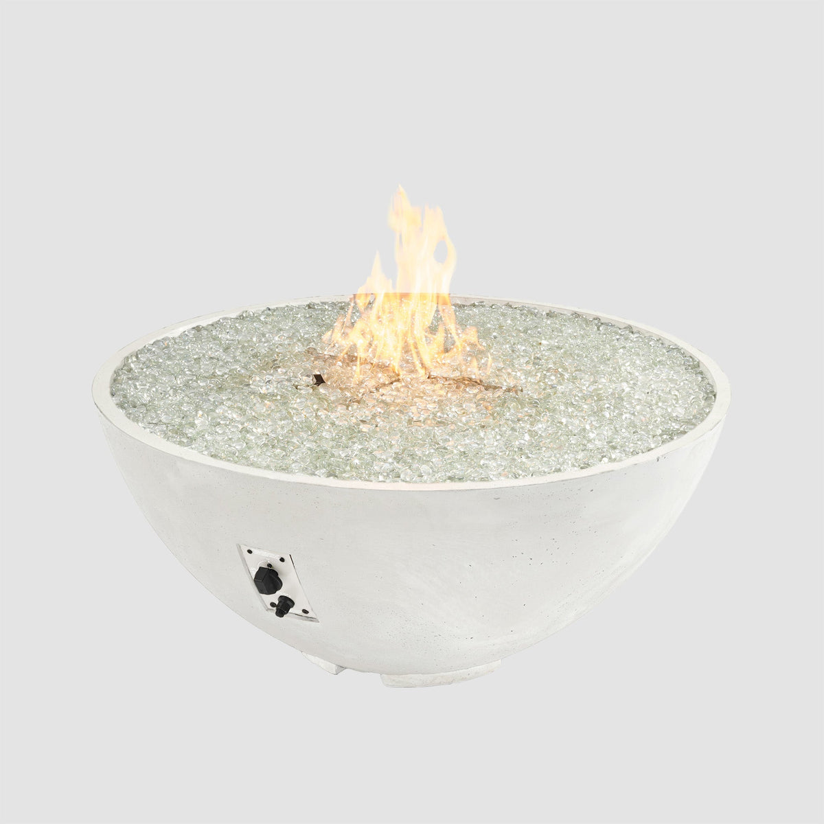 Cove Concrete Edge 42-inch round gas fire pit bowl in White with lit flame, front view