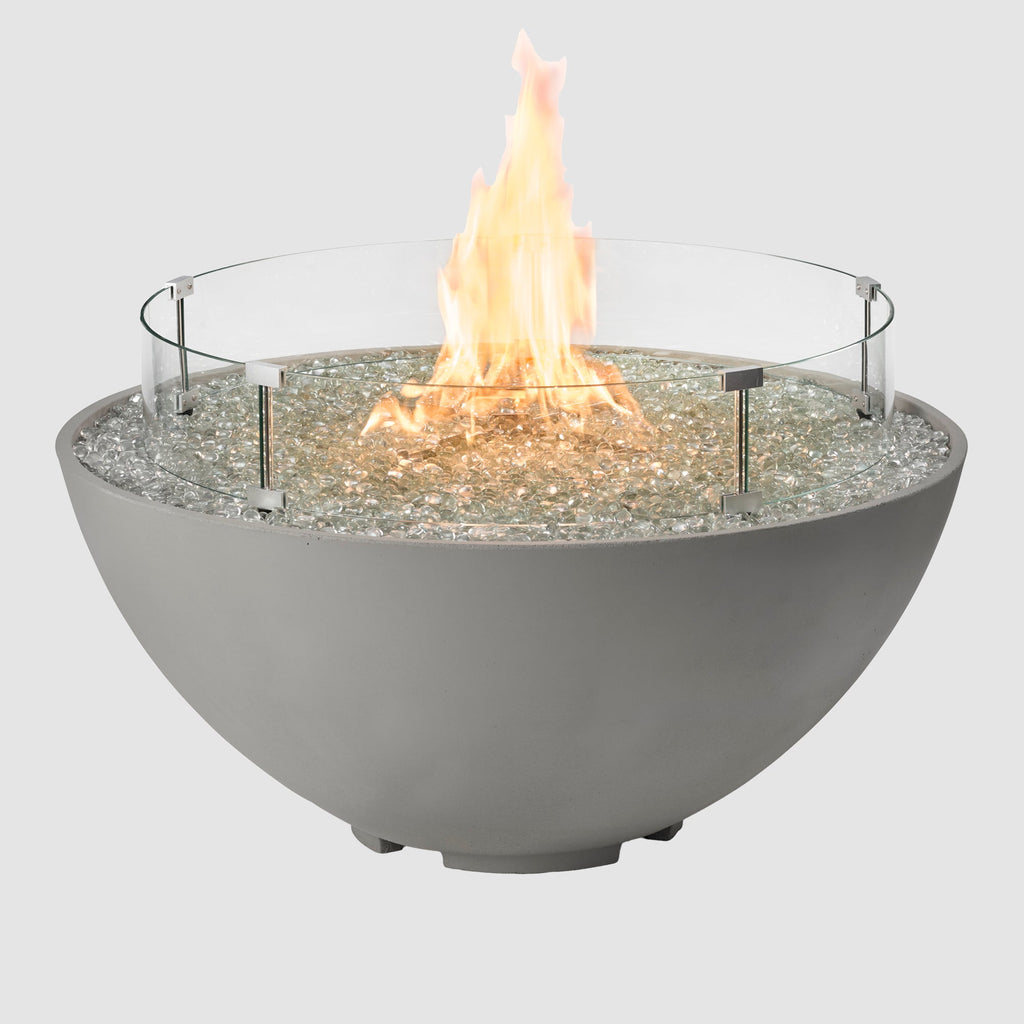 Natural Grey Cove Concrete Edge 42-inch gas fire pit bowl with optional glass wind guard and flame
