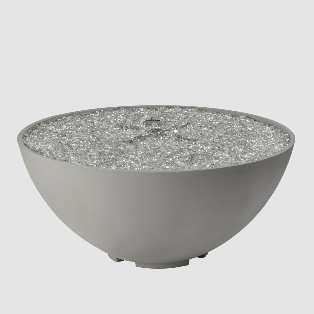 Cove Concrete Edge 42-inch round gas fire pit bowl in Natural Grey with fire glass gems, unlit
