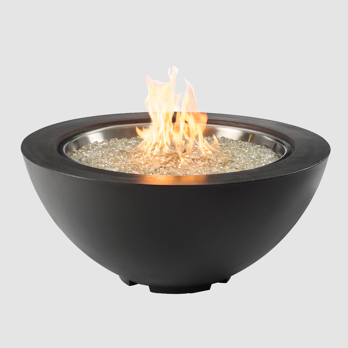 42-inch Cove Concrete round gas fire pit bowl in Midnight Mist with lit flame