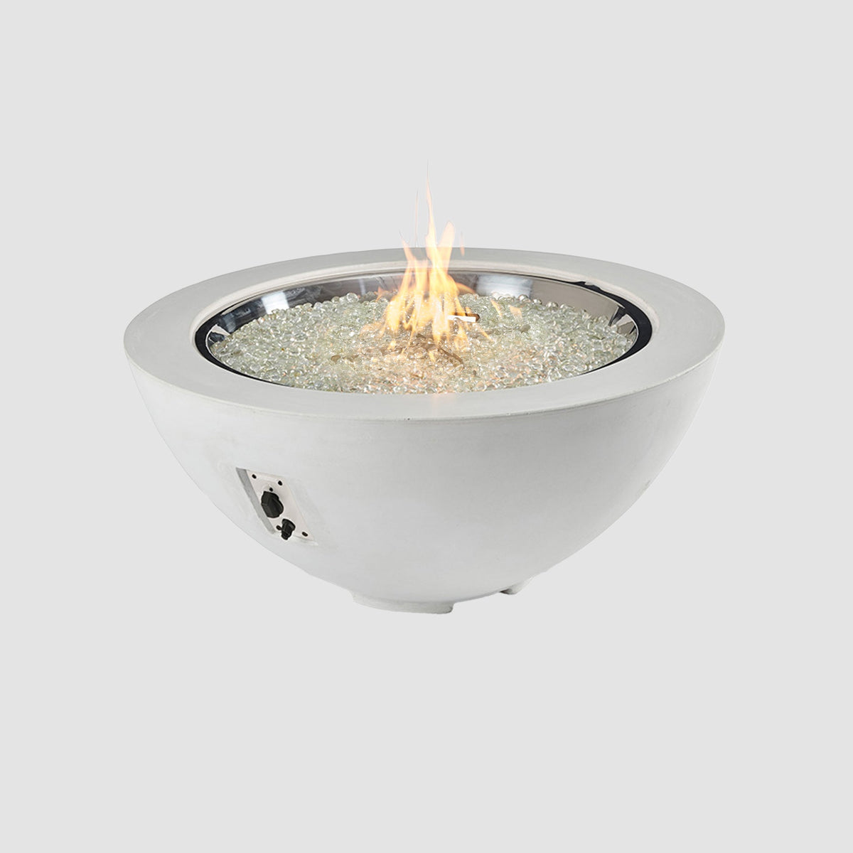 42-inch Cove Concrete round gas fire pit bowl in White with lit flame