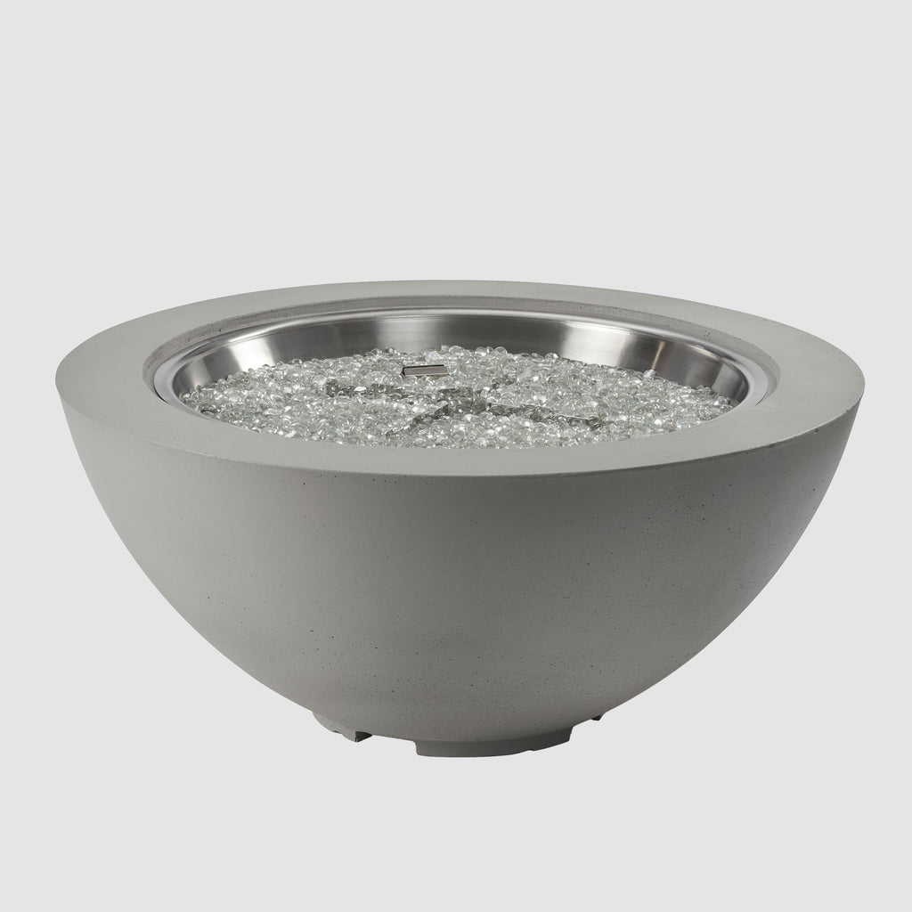 42-inch Cove Concrete round gas fire pit bowl in Natural Grey with fire glass gems, unlit