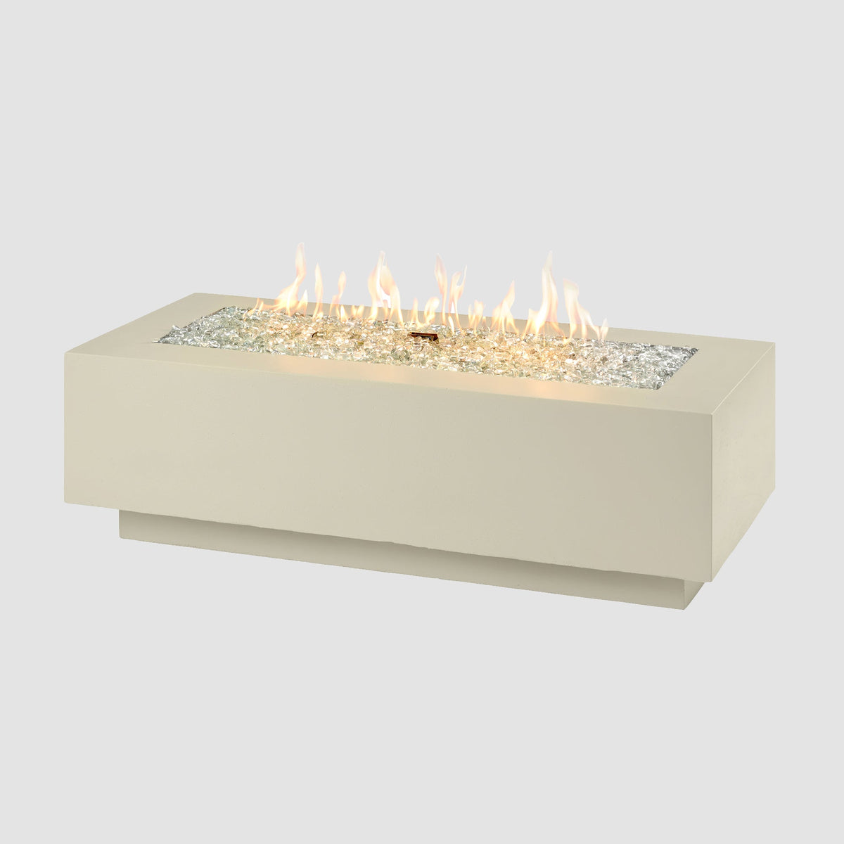 54-inch Cove Concrete linear gas fire pit in Linen with lit flame