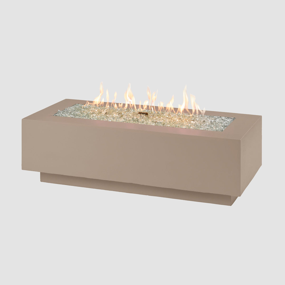 54-inch Cove Concrete linear gas fire pit in Latte with lit flame