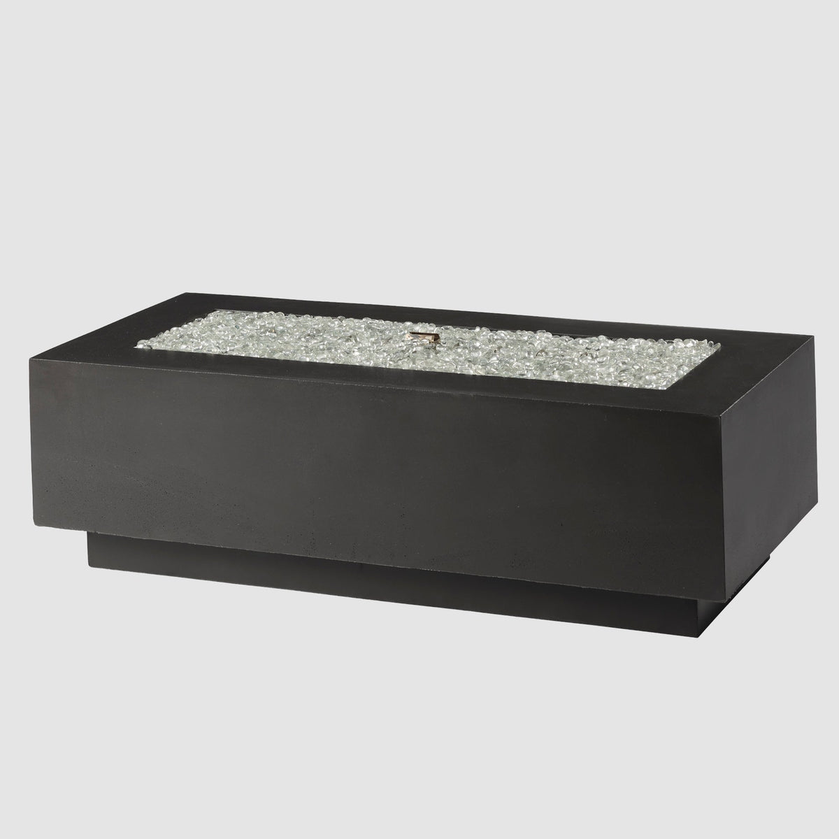 54-inch Cove Concrete linear gas fire pit in Midnight Mist with fire glass gems, unlit