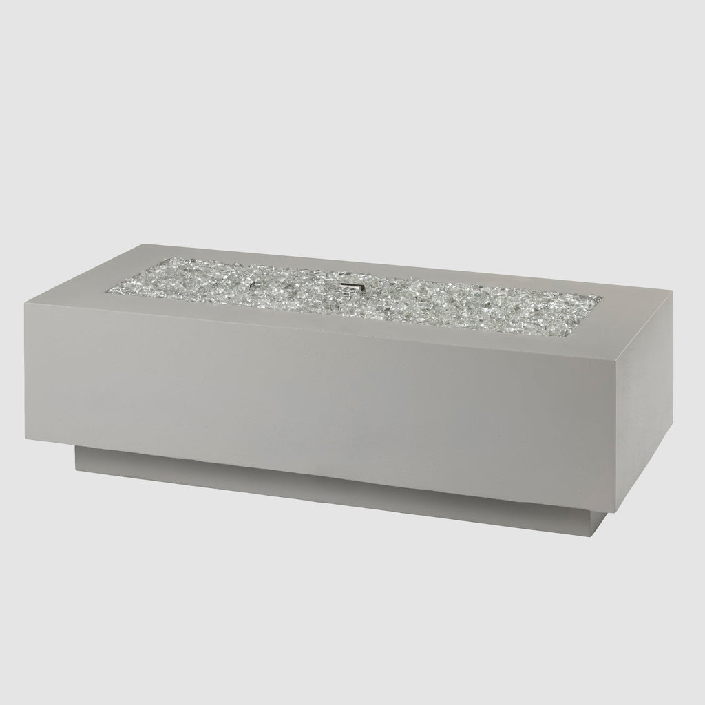 54-inch Cove Concrete linear gas fire pit in Natural Grey with fire glass gems, unlit