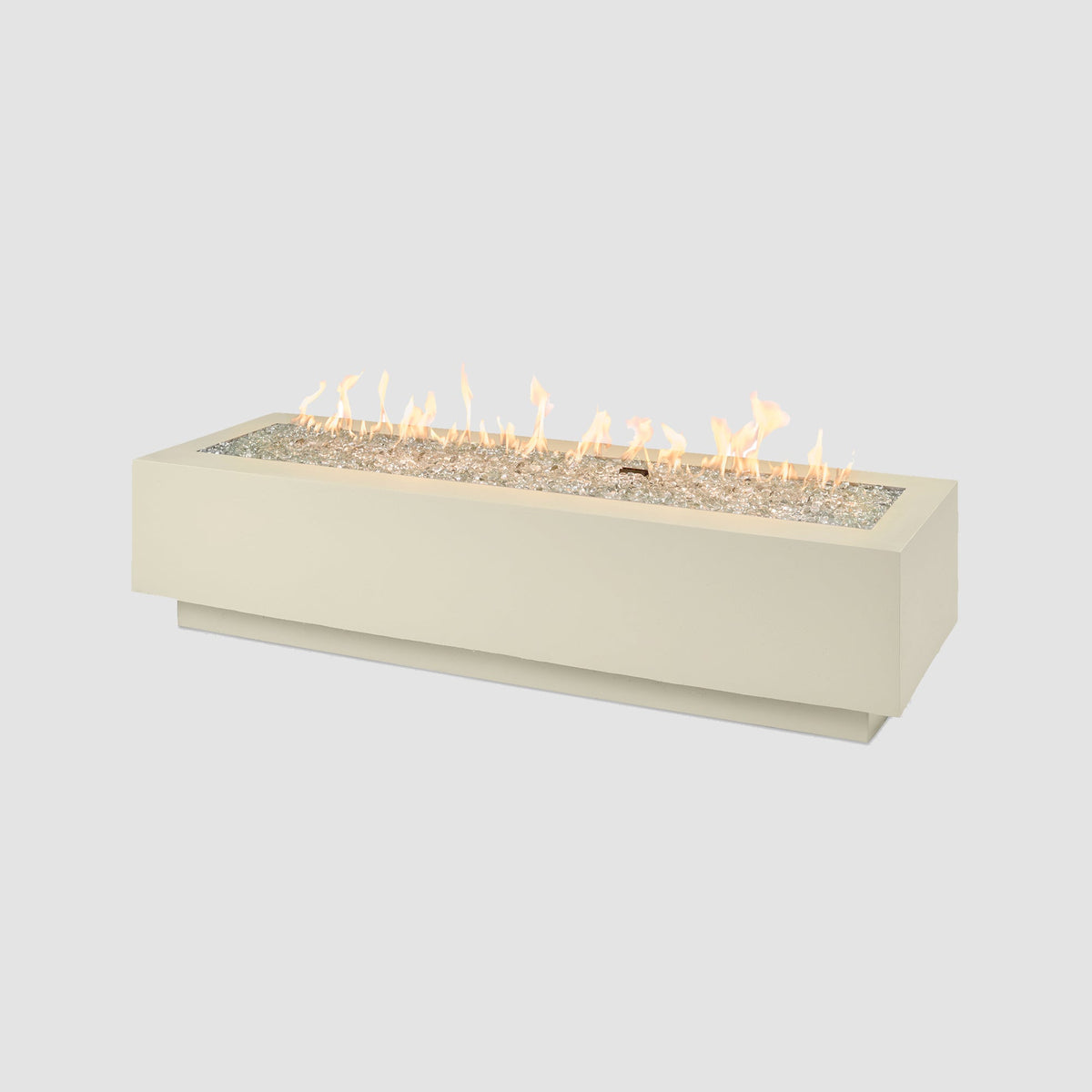 72-inch Cove Concrete linear gas fire pit in Linen with lit flame