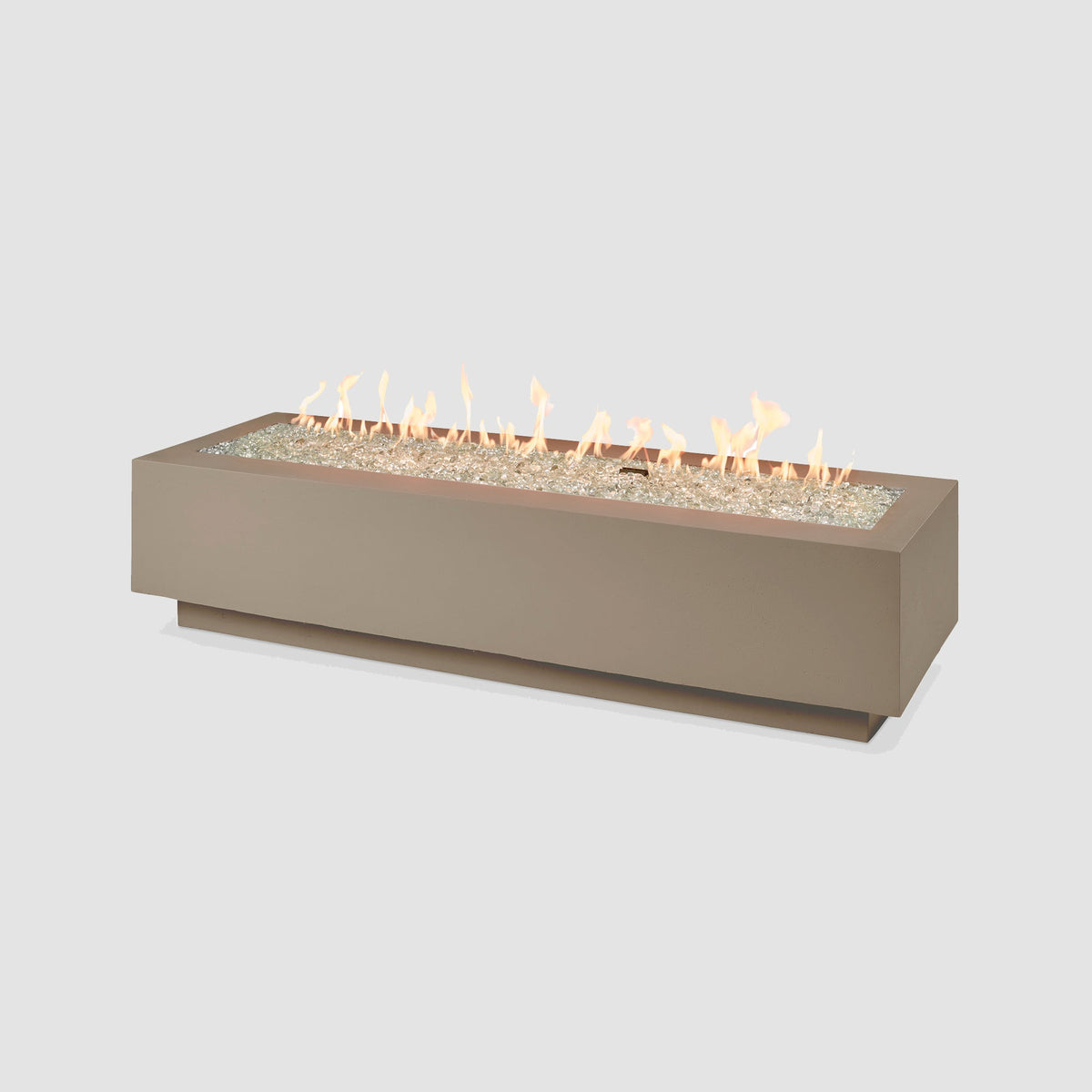 72-inch Cove Concrete linear gas fire pit in Latte with lit flame