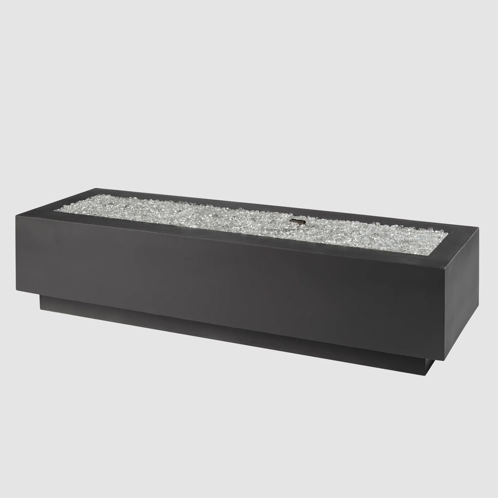 72-inch Cove Concrete linear gas fire pit in Midnight Mist with fire glass gems, unlit