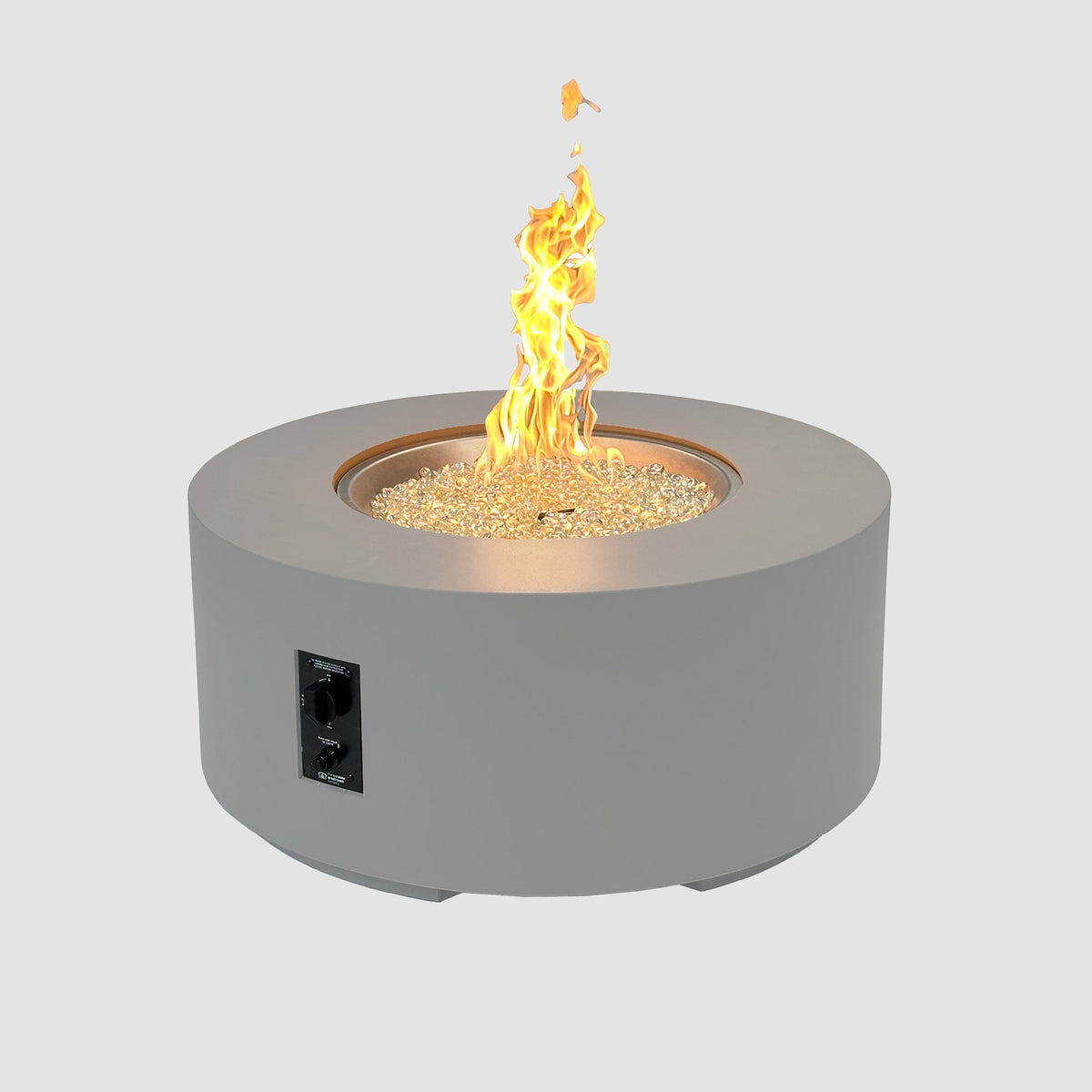 36-inch Cove Concrete round gas fire pit table in Natural Grey with lit flame