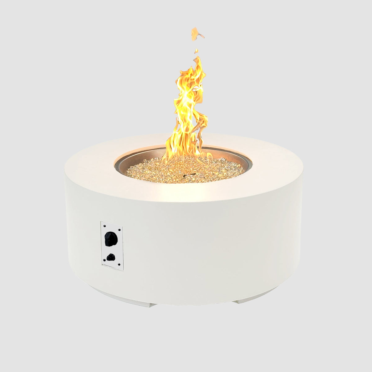 36-inch Cove Concrete round gas fire pit table in White with lit flame