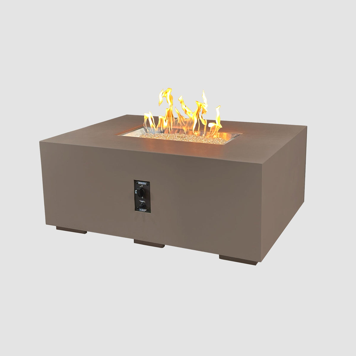 48-inch Cove Concrete Linear gas fire pit in Earth Stone with lit flame