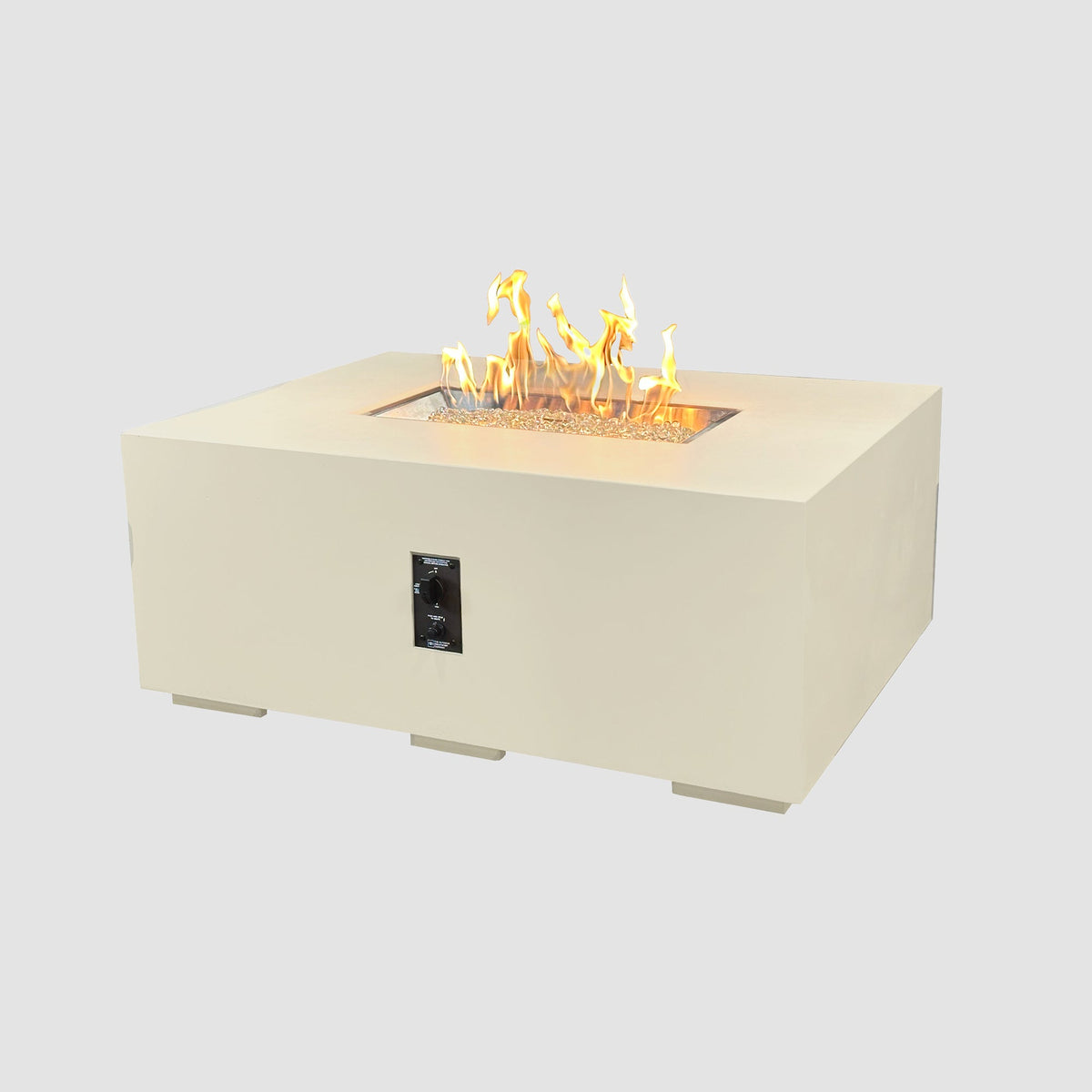 48-inch Cove Concrete Linear gas fire pit in Linen with lit flame