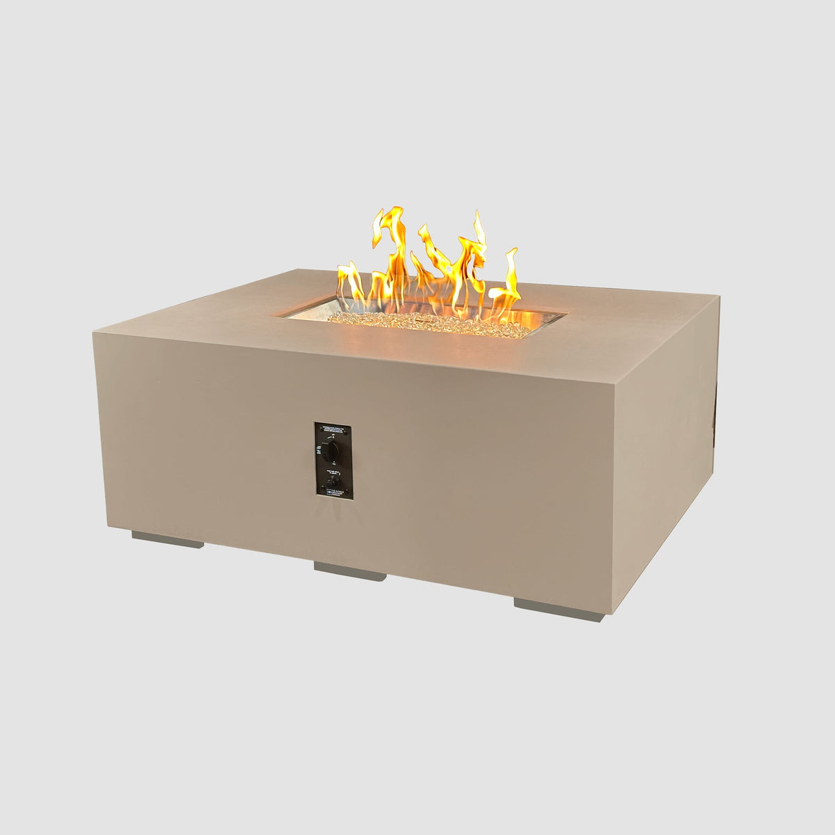 48-inch Cove Concrete Linear gas fire pit in Latte with lit flame