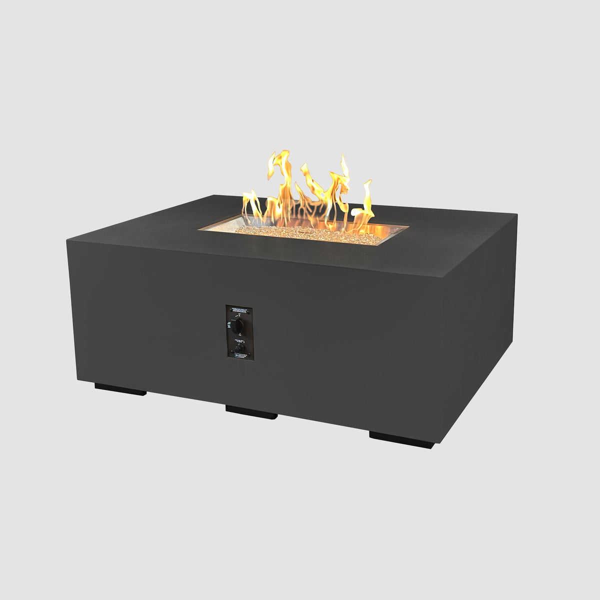 48-inch Cove Concrete Linear gas fire pit in Midnight Mist with lit flame