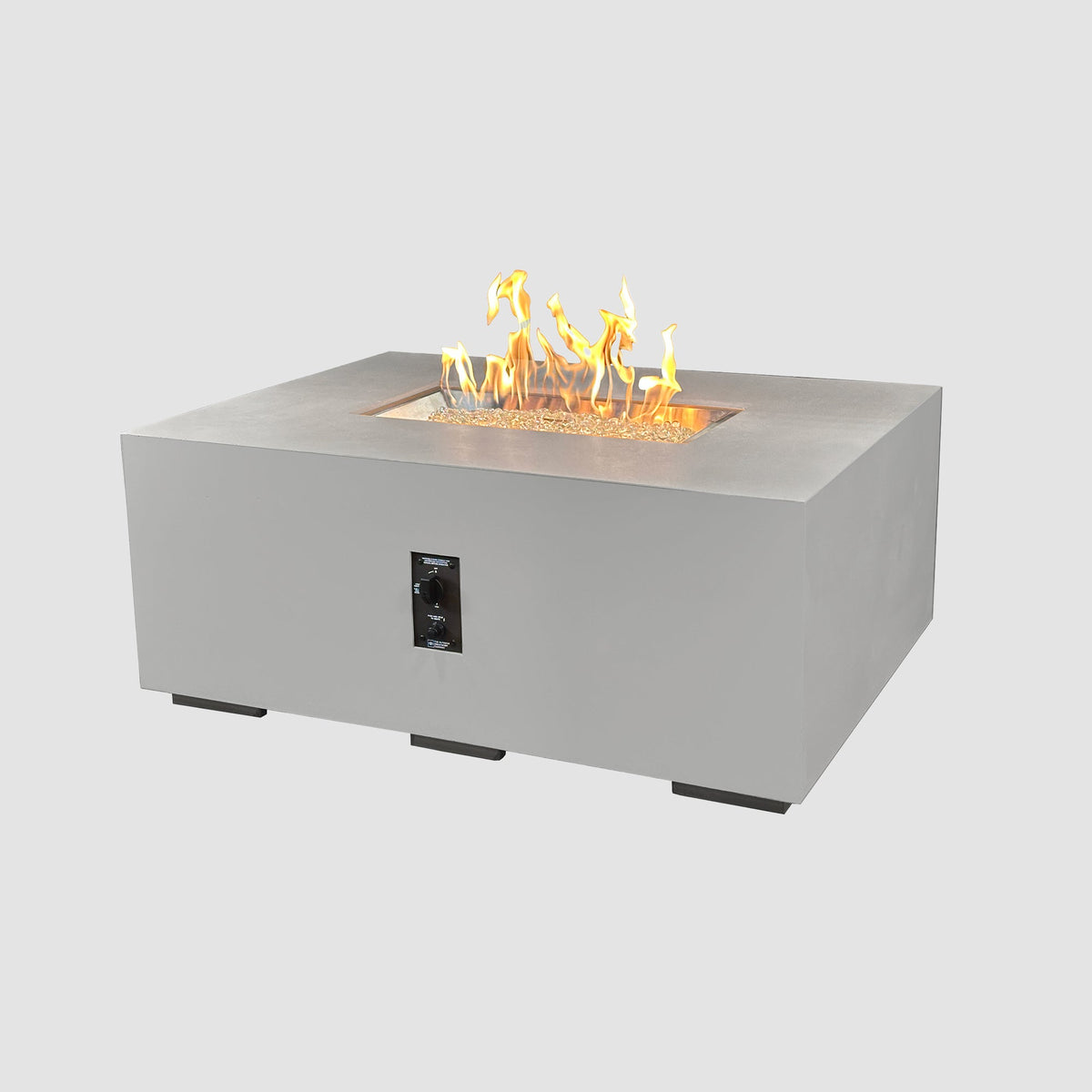 48-inch Cove Concrete Linear gas fire pit in Natural Grey with lit flame