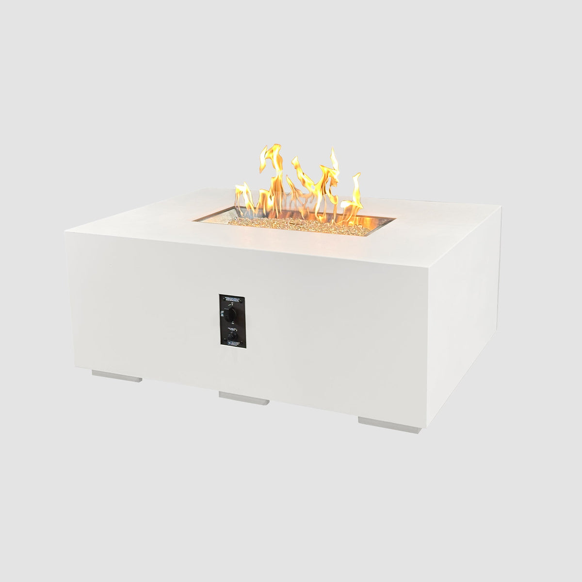 48-inch Cove Concrete Linear gas fire pit in White with lit flame