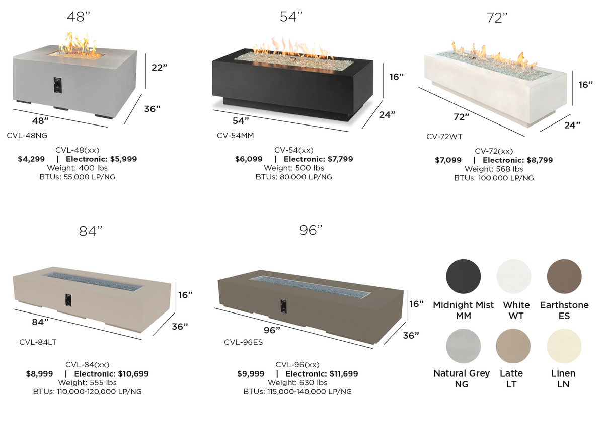 Dimensions diagram for the Cove Concrete 54 and 72 inch linear gas fire pit