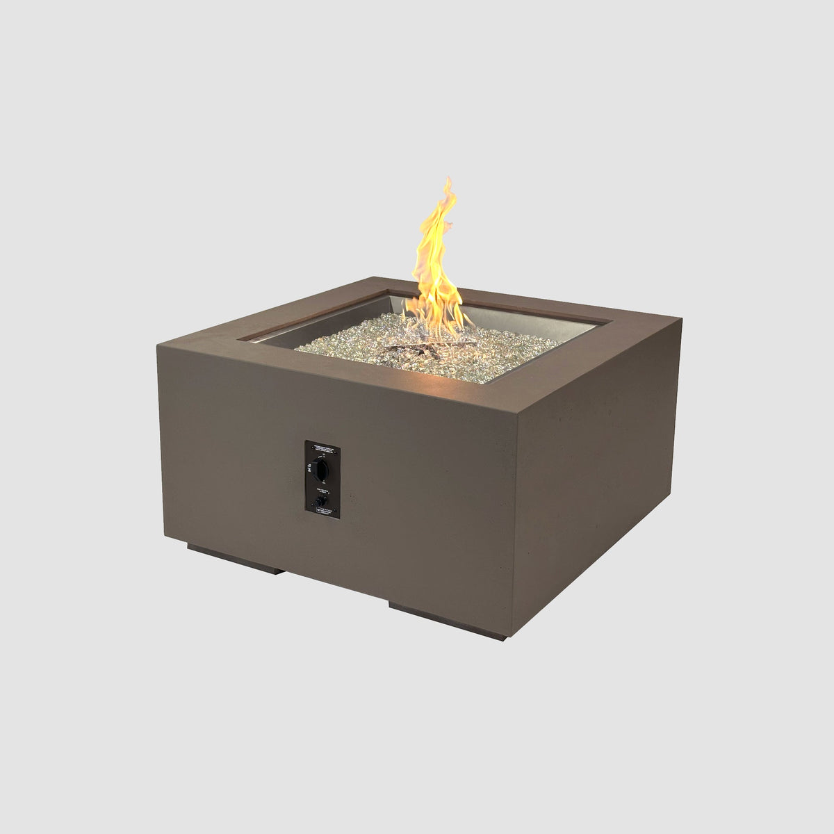 36-inch Cove Concrete square gas fire pit table in Earth Stone with lit flame