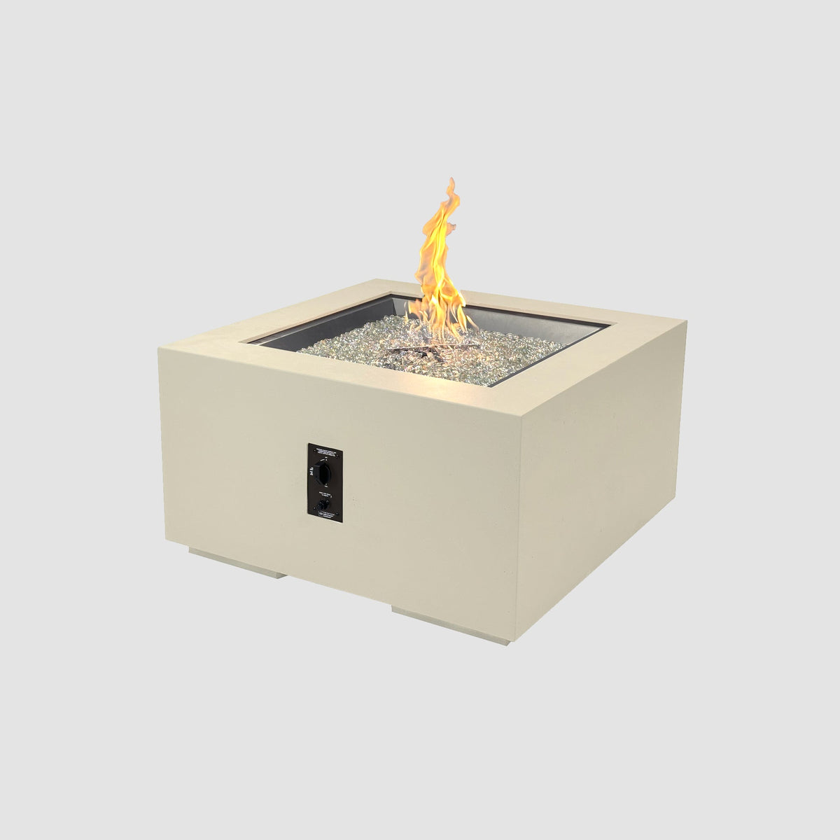 36-inch Cove Concrete square gas fire pit table in Linen with lit flame