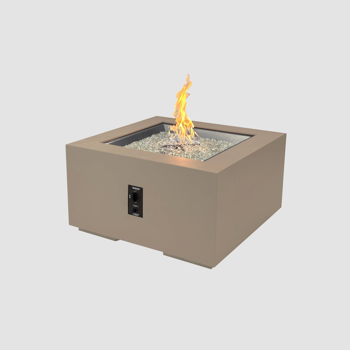 36-inch Cove Concrete square gas fire pit table in Latte with lit flame