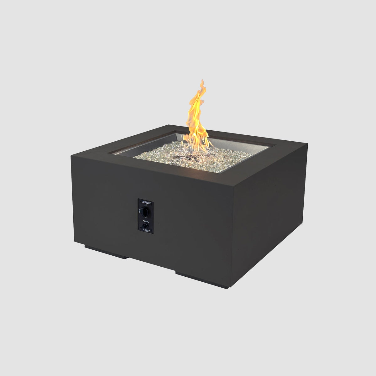 36-inch Cove Concrete square gas fire pit table in Midnight Mist with lit flame