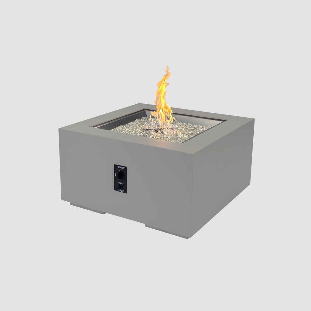 36-inch Cove Concrete square gas fire pit table in Natural Grey with lit flame